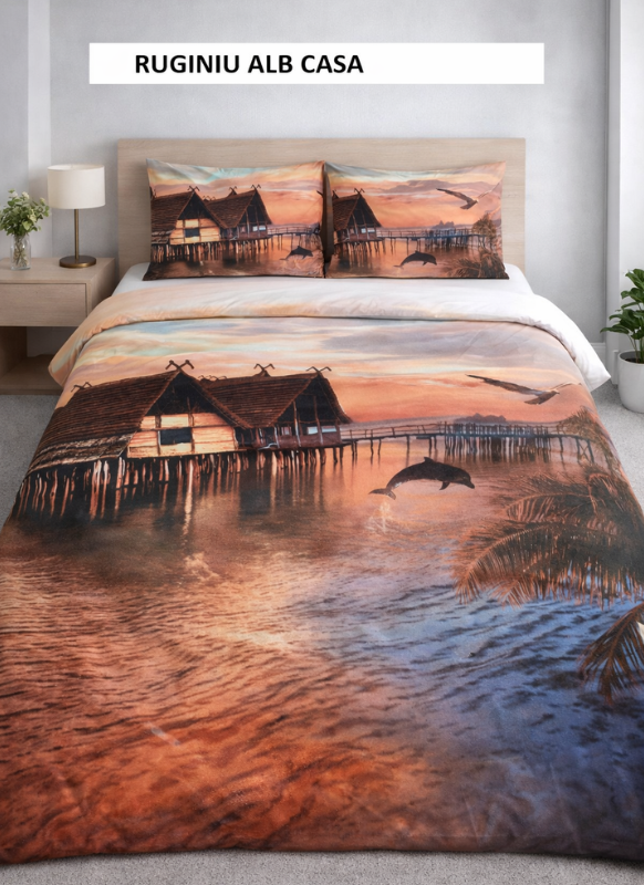 Lenjerie de pat 2 persoane HOME LUX ruginiu alb casa 240x260 cm, Ralex | 1 buc