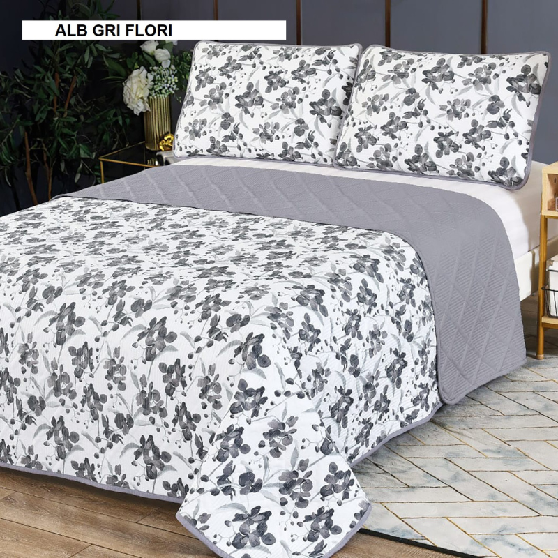 Set cuvertura + 2 fete de perna ELEGANCE alb gri flori 230x240 cm, Ralex | 1 buc