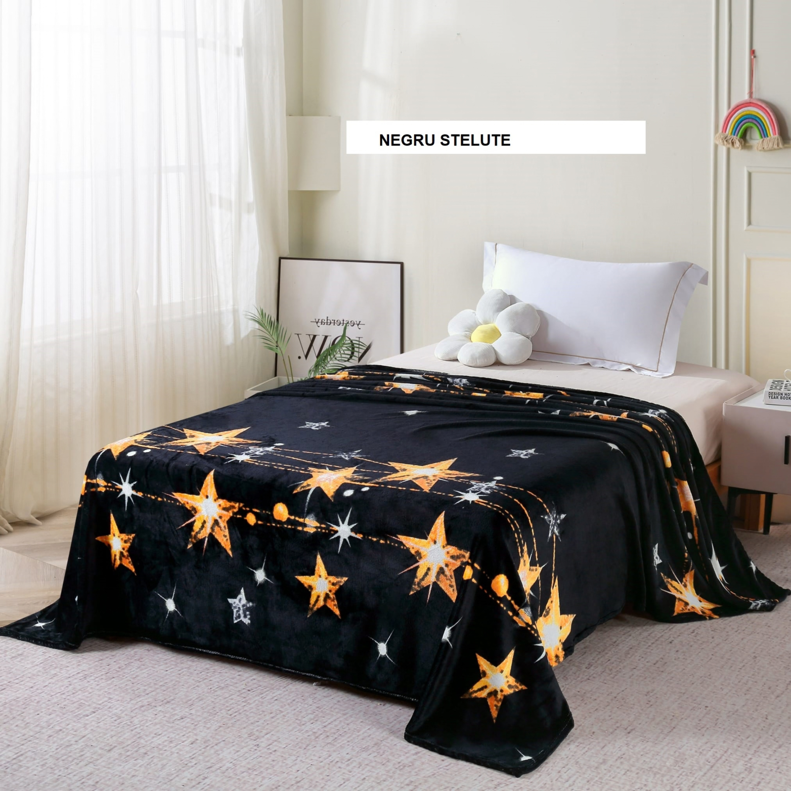 Patura pufoasa negru stelute 200x220 cm, Ralex | 1 buc