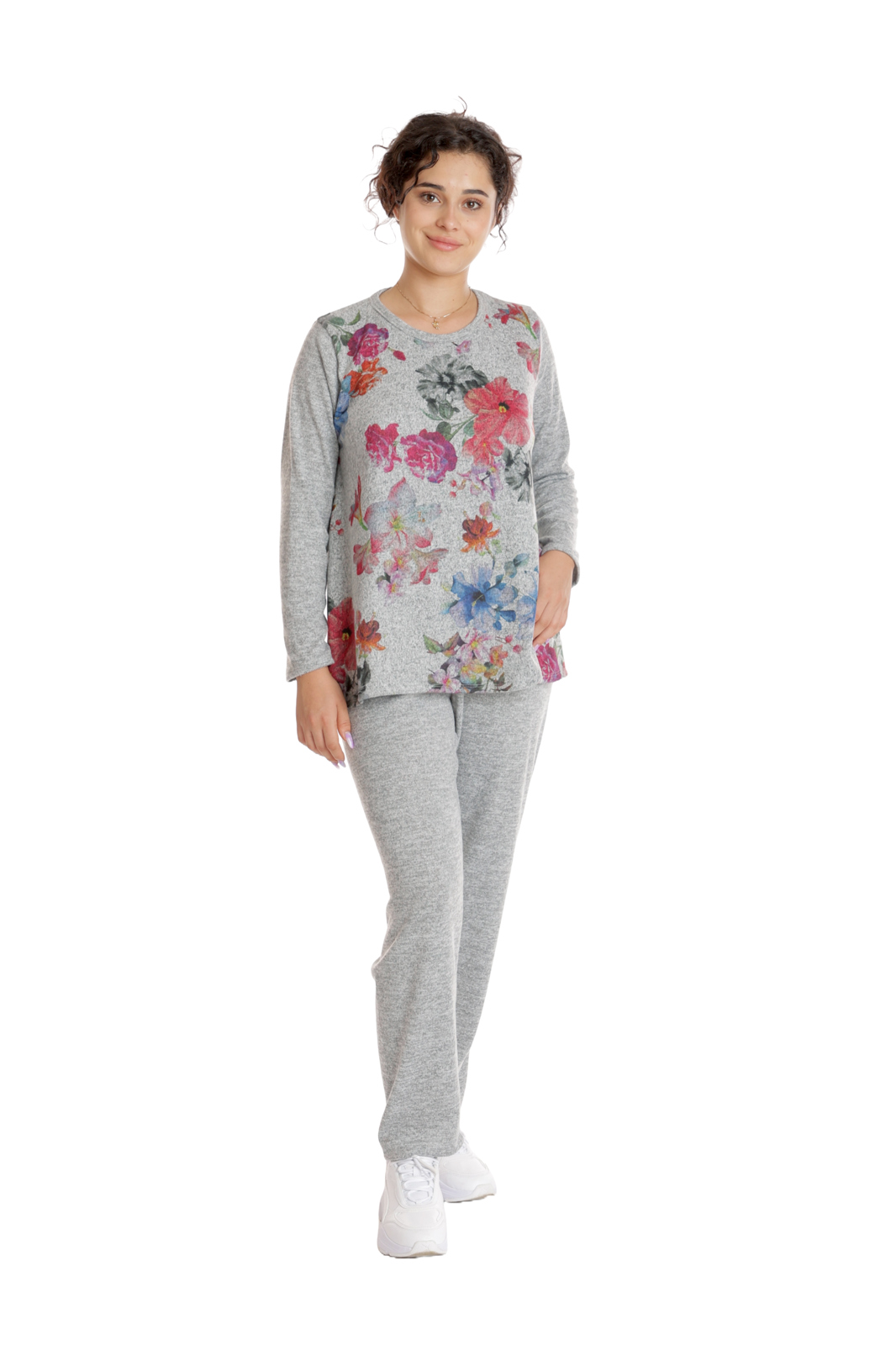 Tinuta dama CT24086 gri melanj/floral multicolor, Cesy | marimea XL