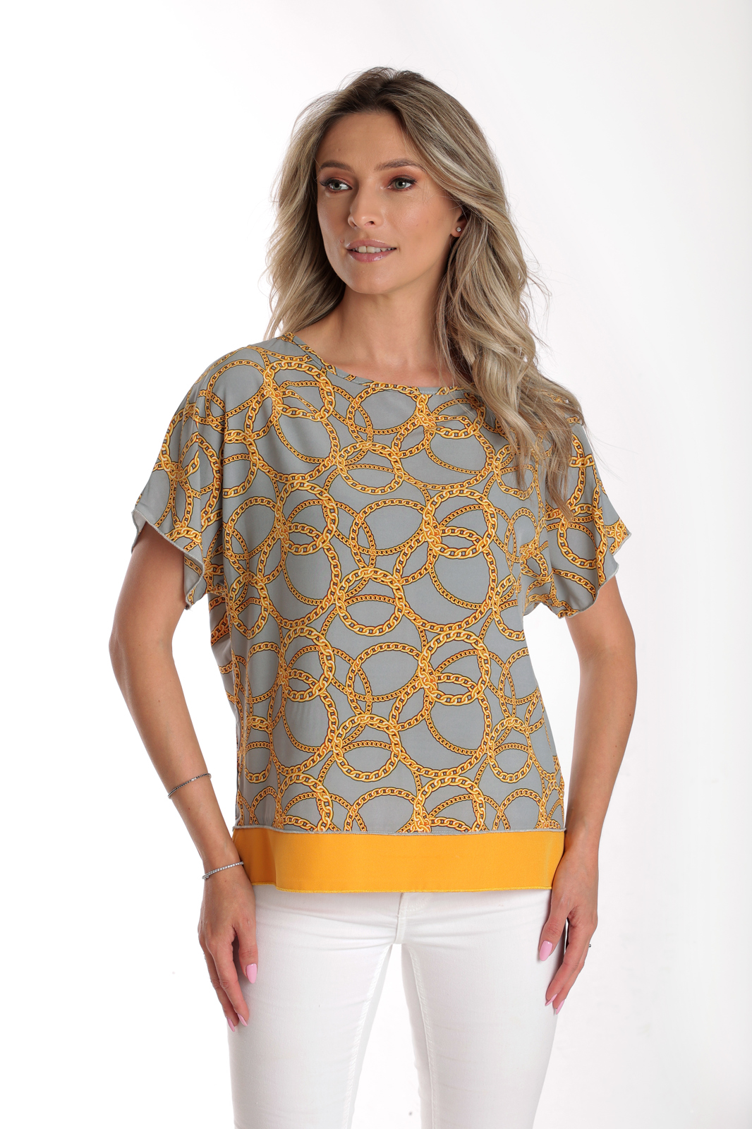 Bluza chimono CV24065 gri & mustar cercuri, Cesy | marimea M