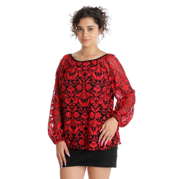 Bluza tulle & insertie florala CT24100 negru & rosu, Cesy | marimea S