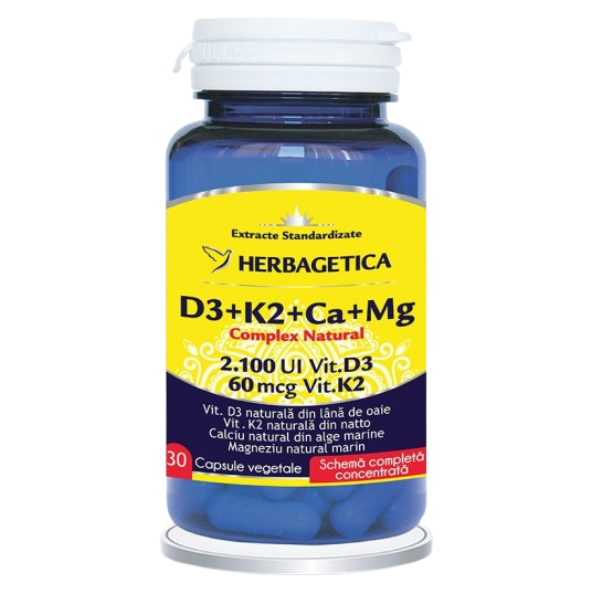 Complex Natural D3+K2+Ca, Herbagetica | 30 capsule
