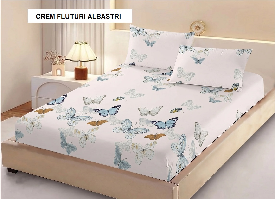 Husa de pat FINET + 2 fețe de perna crem fluturi albastri 200x160 cm, Ralex | 1 buc