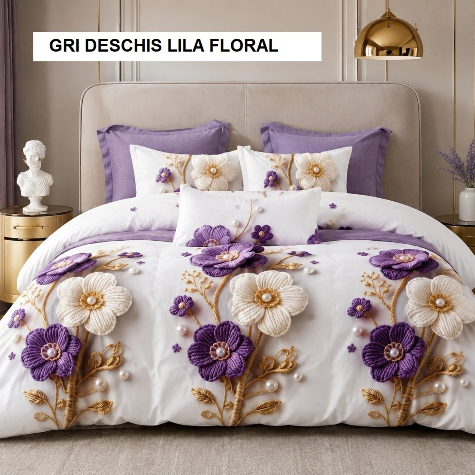 Lenjerie pat FINET (6 piese) gri deschis lila floral 230x250 cm, Ralex | 1 buc