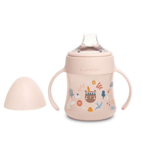 Cana de antrenament cu maneren si cioc din silicon, roz, Forest, +4 luni, Suavinex | 150 ml
