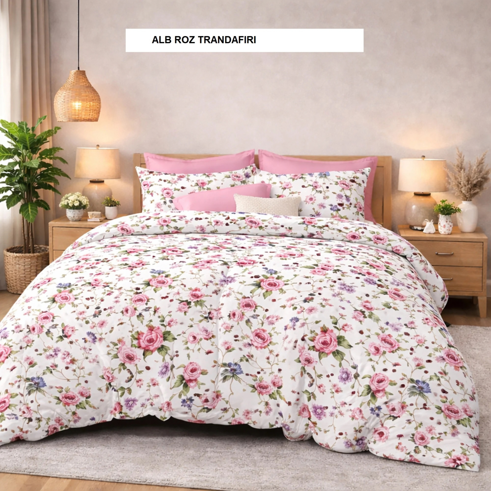 Lenjerie pat cu husa FINET (6 piese) alb roz trandafiri 180x200 cm, Ralex | 1 buc