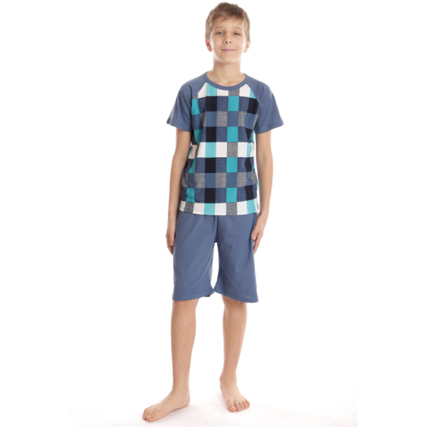 Pijama 1/2 baieti AV2425 denim/cadrilat multicolor, Andana | marimea 38 (11/12 ani)