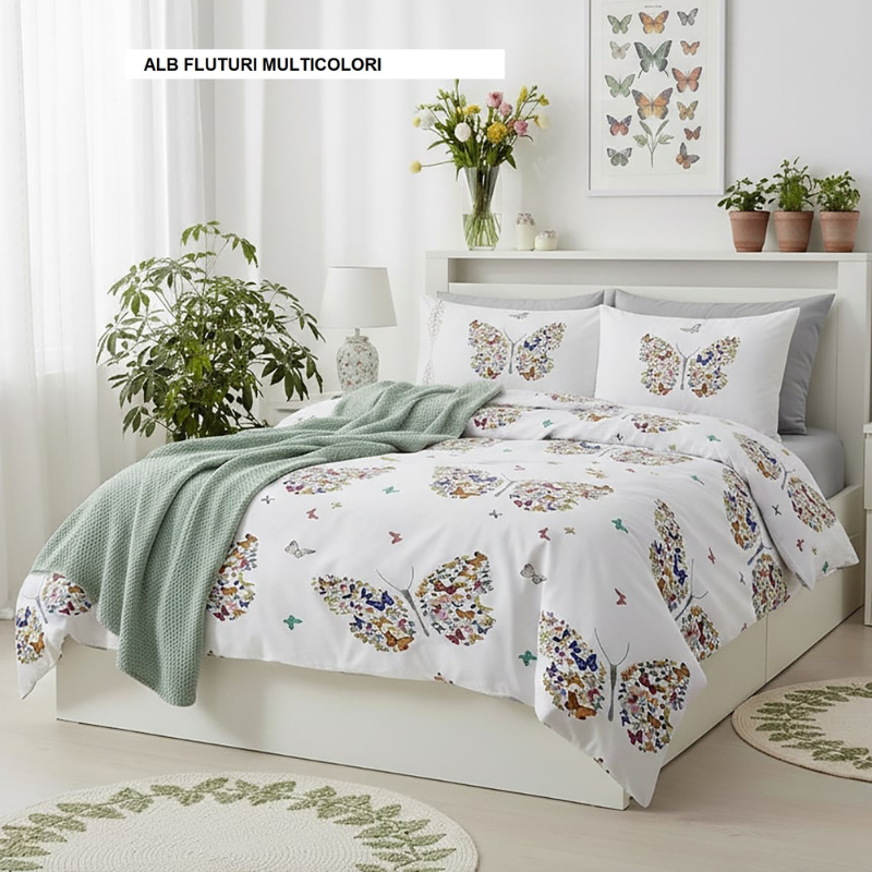 Lenjerie de pat policoton ELVO alb fluturi multicolori 230x250 cm, Ralex | 1 buc