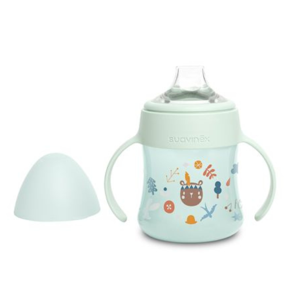 Cana de antrenament cu manere si cioc din silicon, verde, Forest, +4 luni, Suavinex | 150 ml